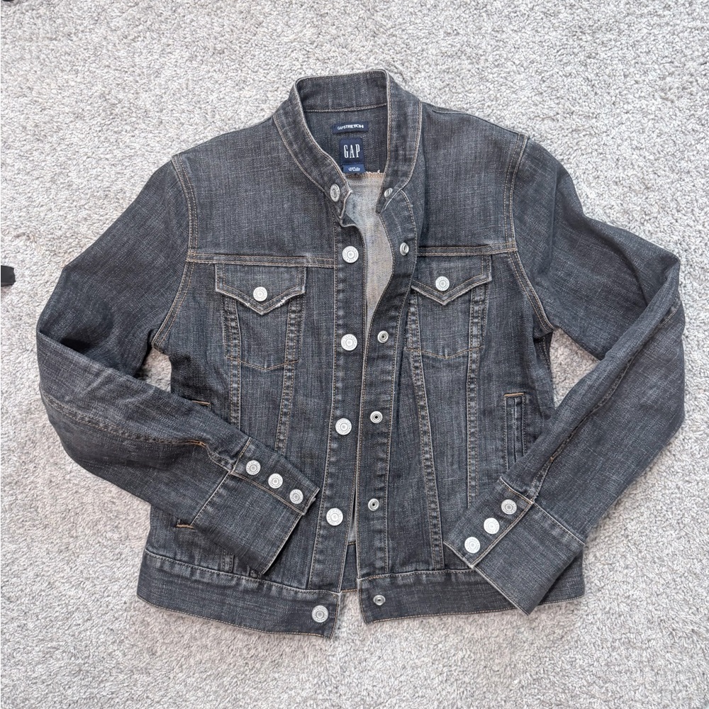 GAP Stretch Denim Jacket Dark Wash Band Collar Trucker Jacket Size M Y2K - Picture 5 of 6